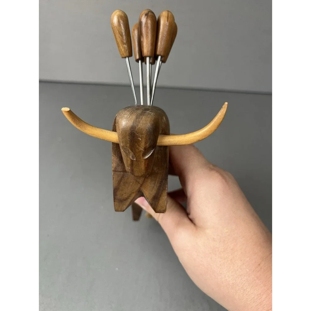 Vintage MCM Oliv-Art Olive Wood Bull Taureau 6 Appetizer Cocktail Skewers Forks